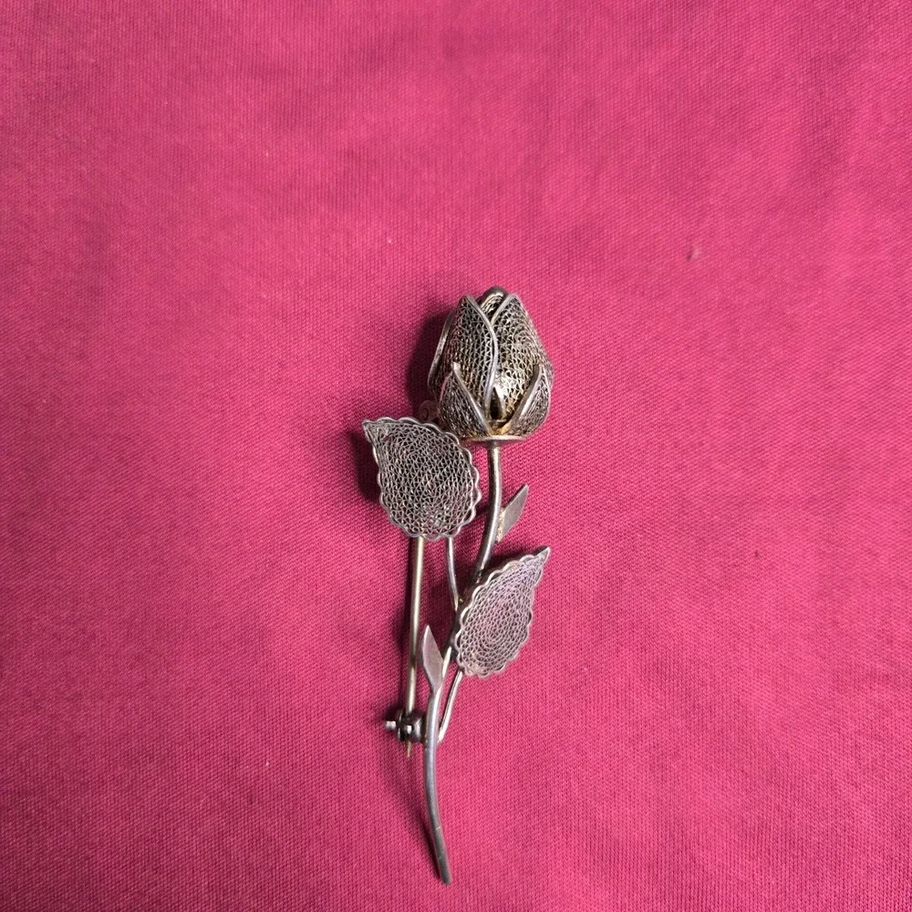 Vintage FAS 925 Sterling Silver Filigree Rose Brooch Pin 2.5